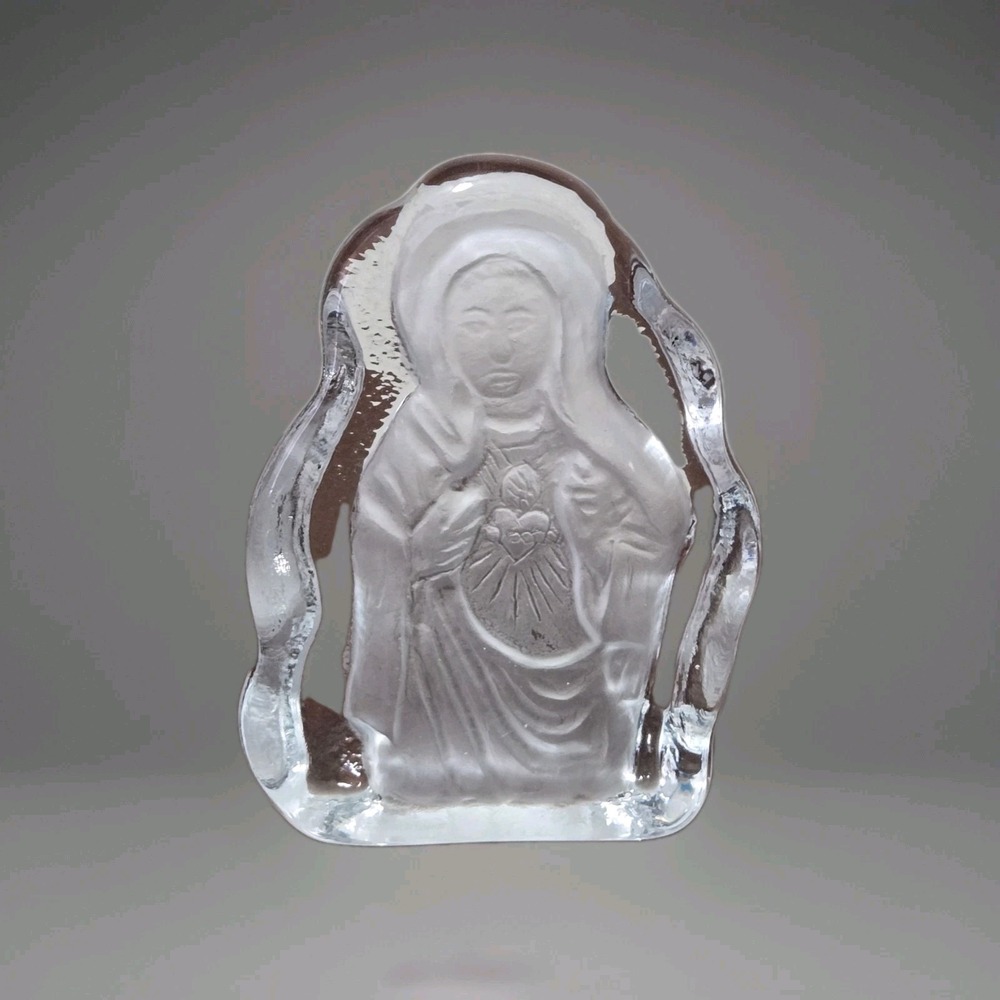 Jesus Sacred Heart Frosted Clear Glass Paperweight Stands Vintage Religion‎